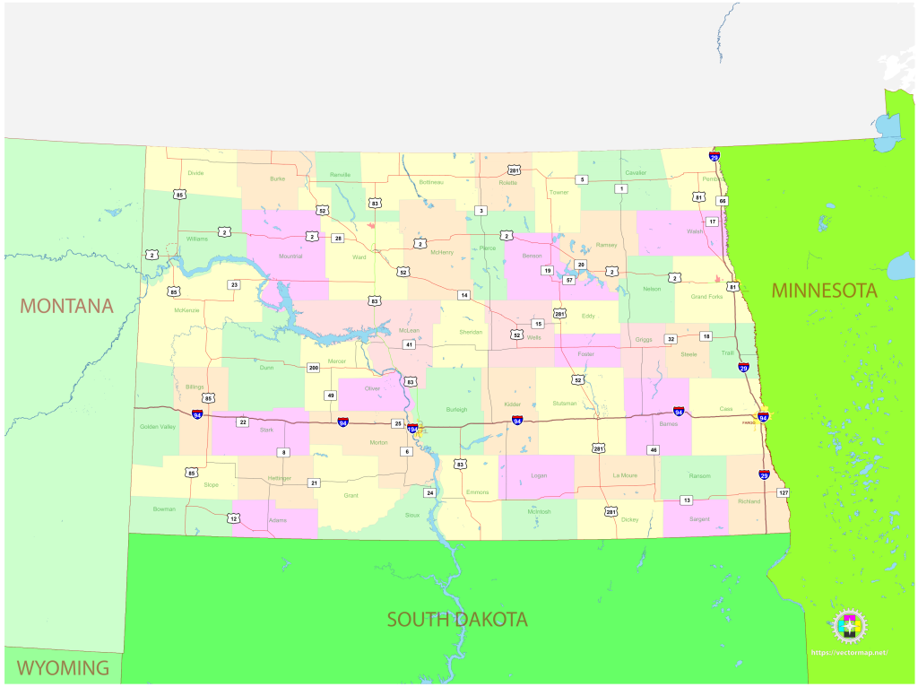 Mapa pol&iacute;tico del estado de Dakota del Norte.