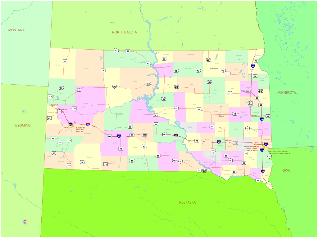 Mapa pol&iacute;tico del estado de Dakota del Sur.