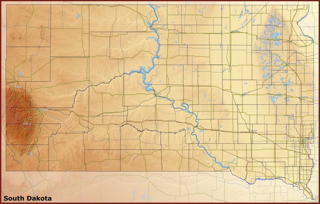 Mapa f&iacute;sico del estado de Dakota del Sur.