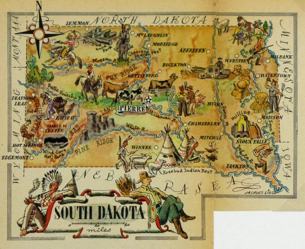 Mapa tur&iacute;stico pict&oacute;rico de Dakota del Sur de los a&ntilde;os 1940.