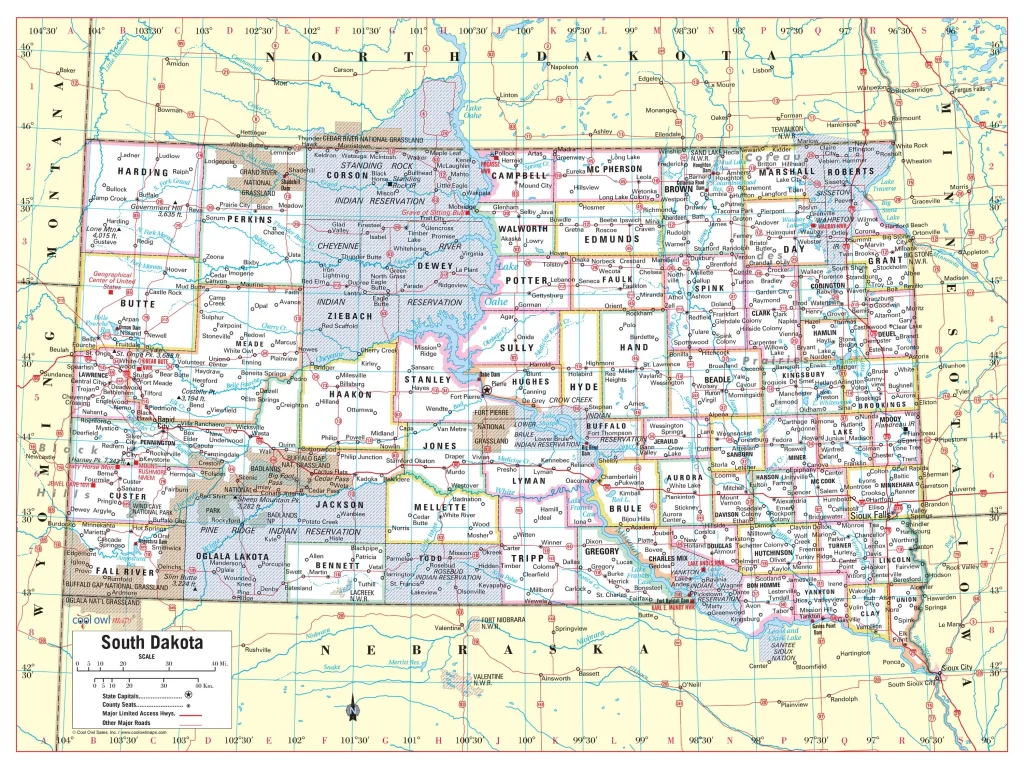 Mapa de las ciudades y pueblos de Dakota del Sur.