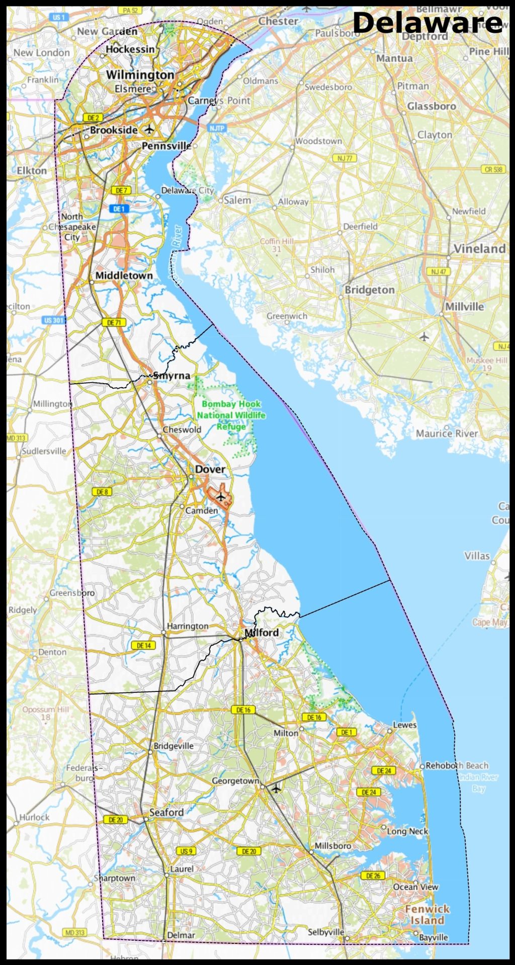 Mapa del estado de Delaware.