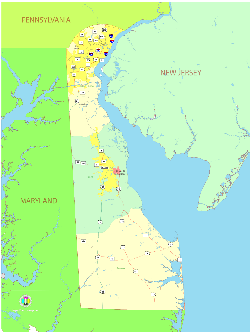 Mapa pol&iacute;tico del estado de Delaware.
