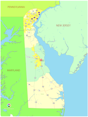 Mapa pol&iacute;tico del estado de Delaware