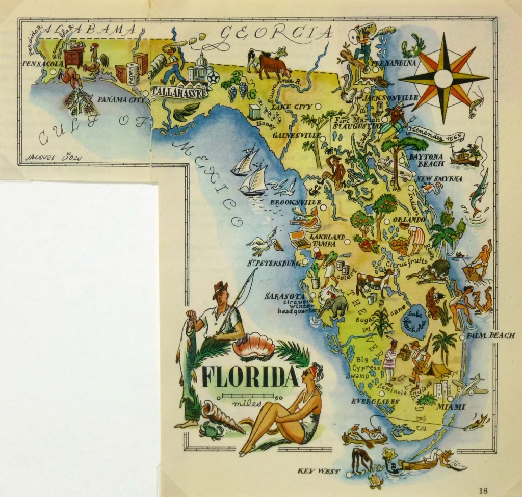 Mapa tur&iacute;stico pict&oacute;rico de Florida de los a&ntilde;os 1940.