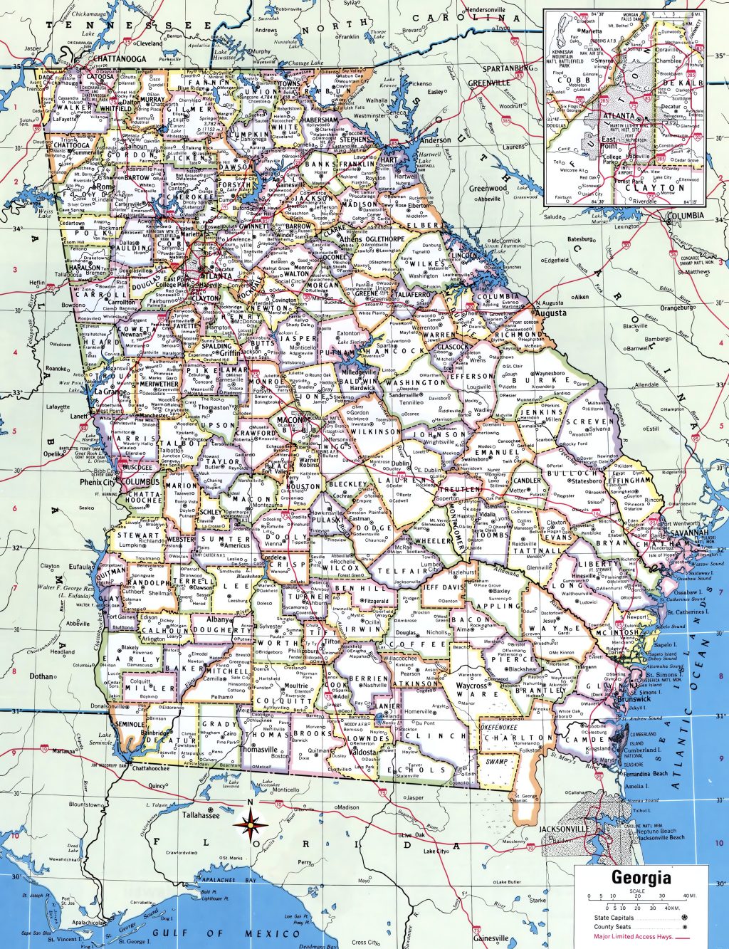 Mapa de las ciudades y pueblos del estado de Georgia (Estados Unidos).