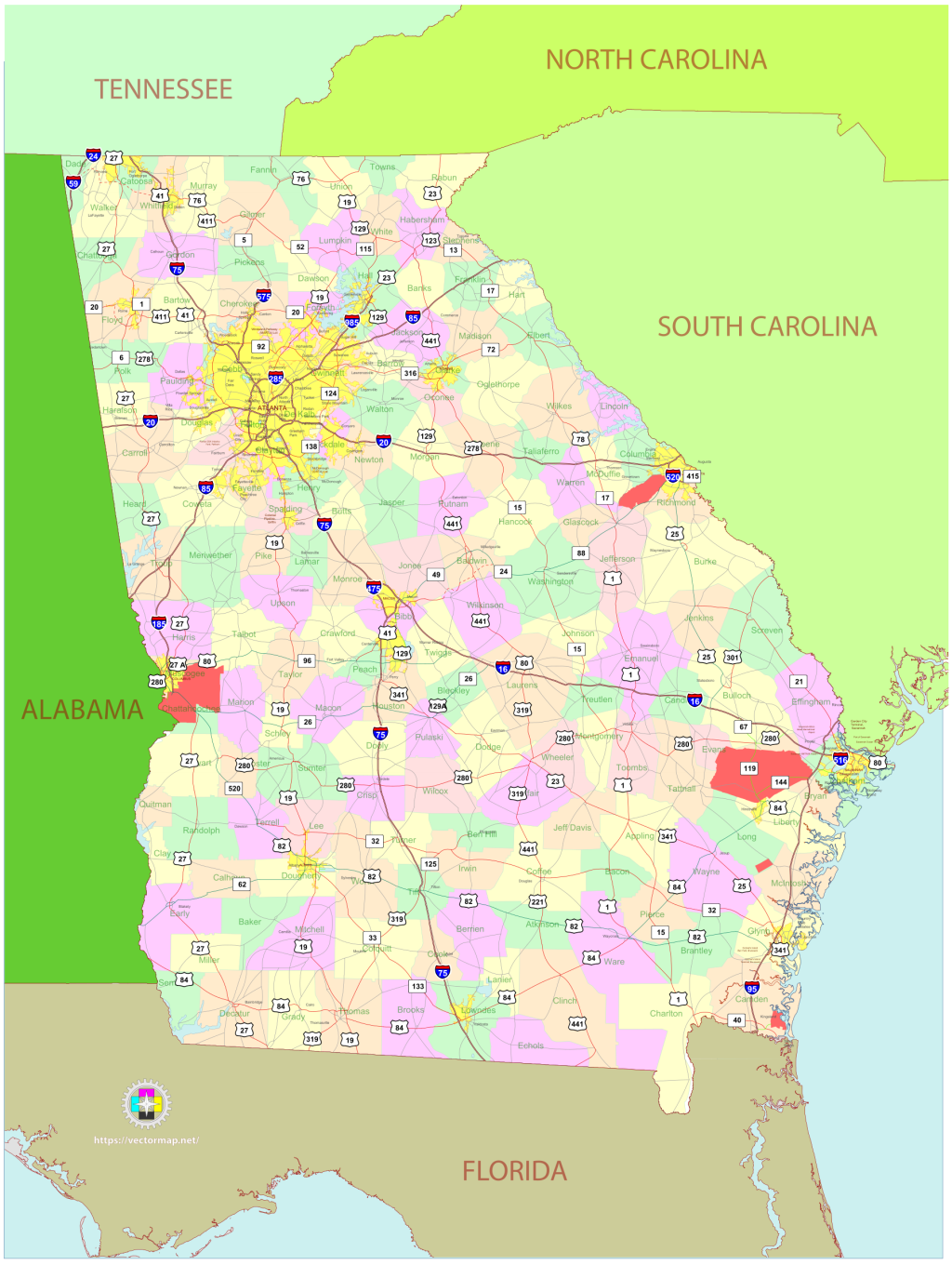 Mapa pol&iacute;tico del estado de Georgia (Estados Unidos).