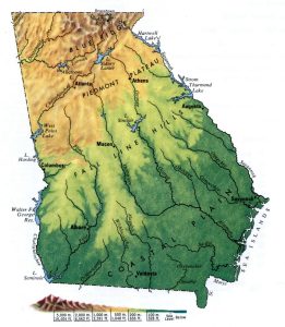 Mapa topogr&aacute;fico del estado de Georgia (Estados Unidos).