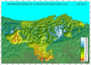 Mapa de la precipitación media anual en Cantabria.