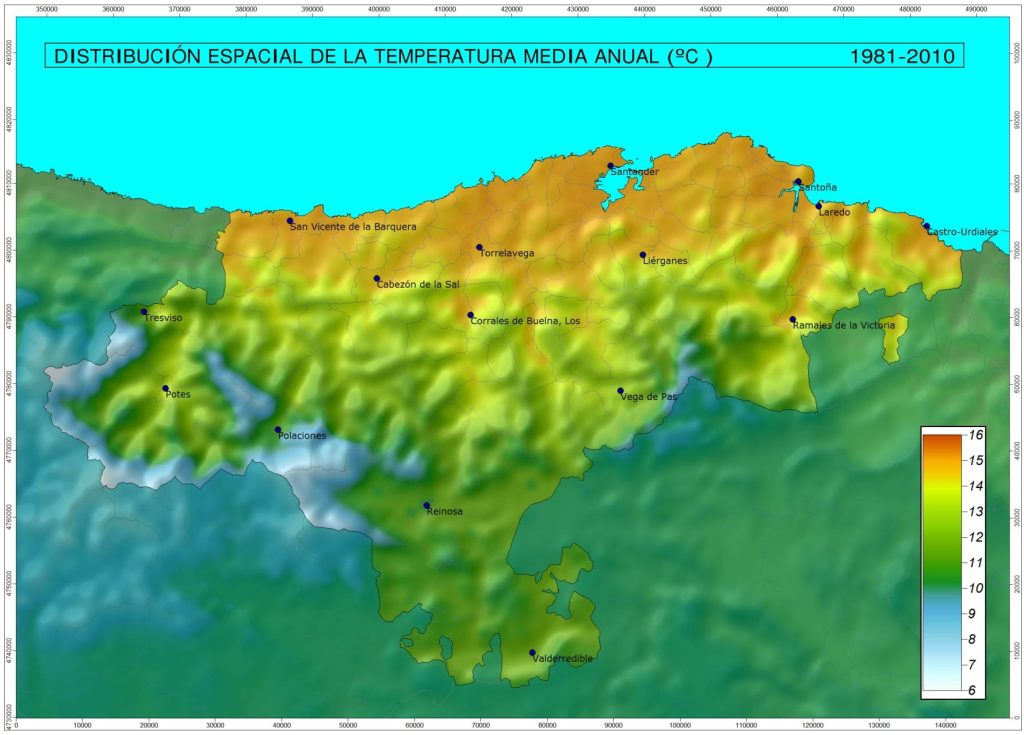 Mapa de la temperatura media anual de Cantabria.
