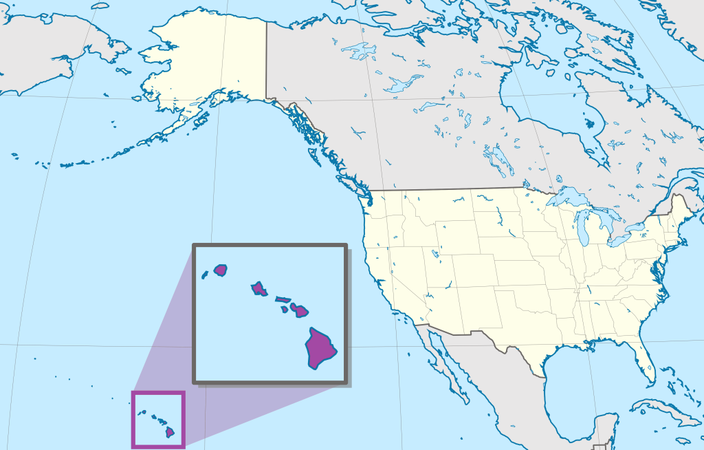 Mapa de ubicaci&oacute;n del estado de Haw&aacute;i en relaci&oacute;n con los Estados Unidos.