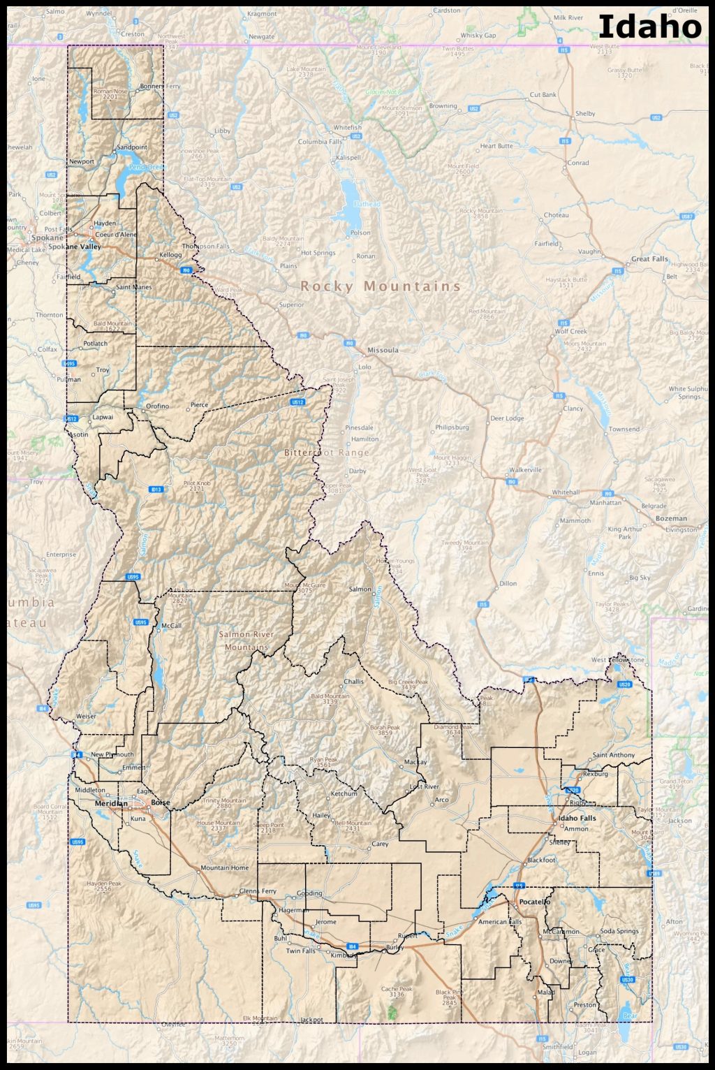 Mapa del estado de Idaho.