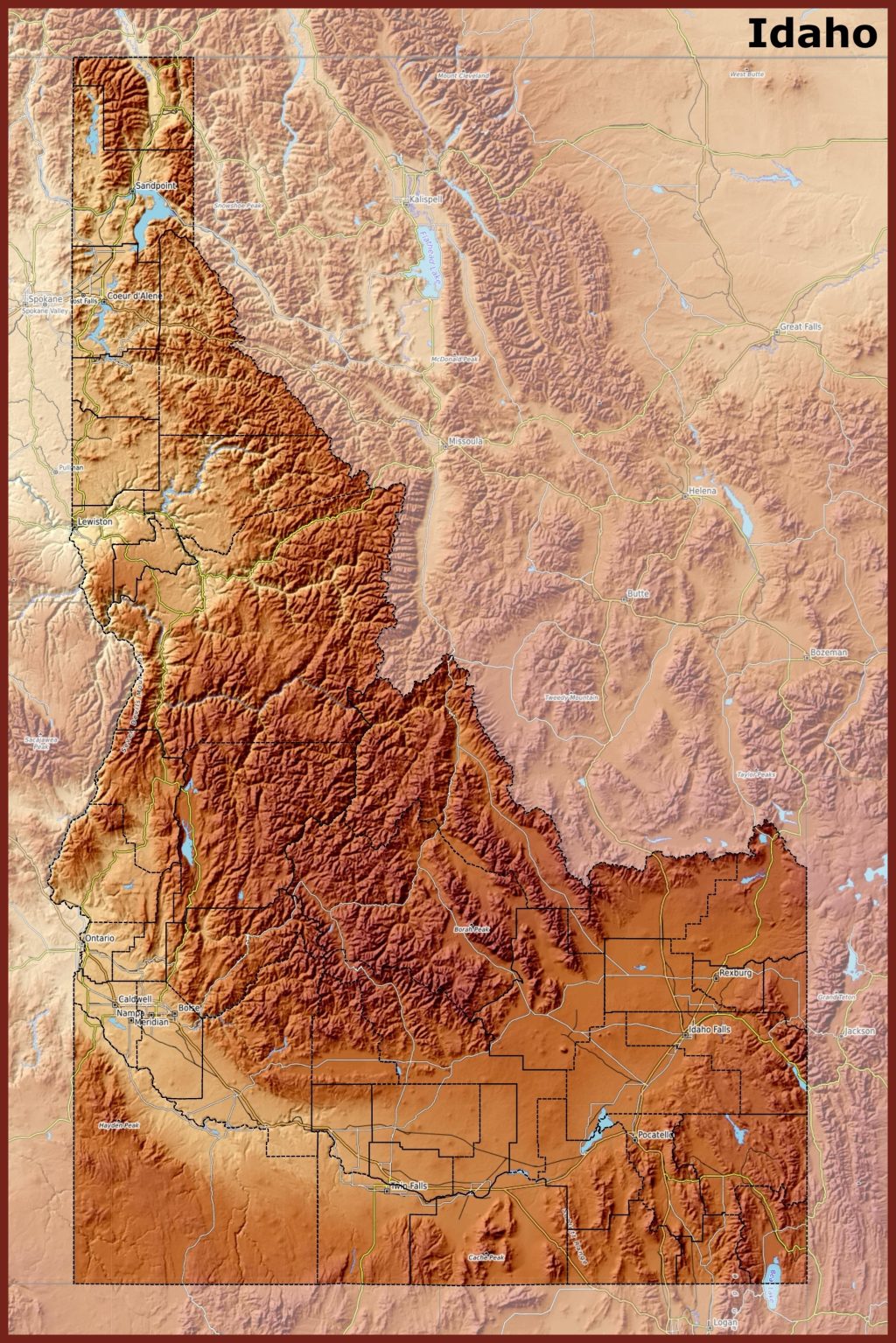 Mapa f&iacute;sico del estado de Idaho.