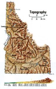 Mapa topogr&aacute;fico del estado de Idaho.