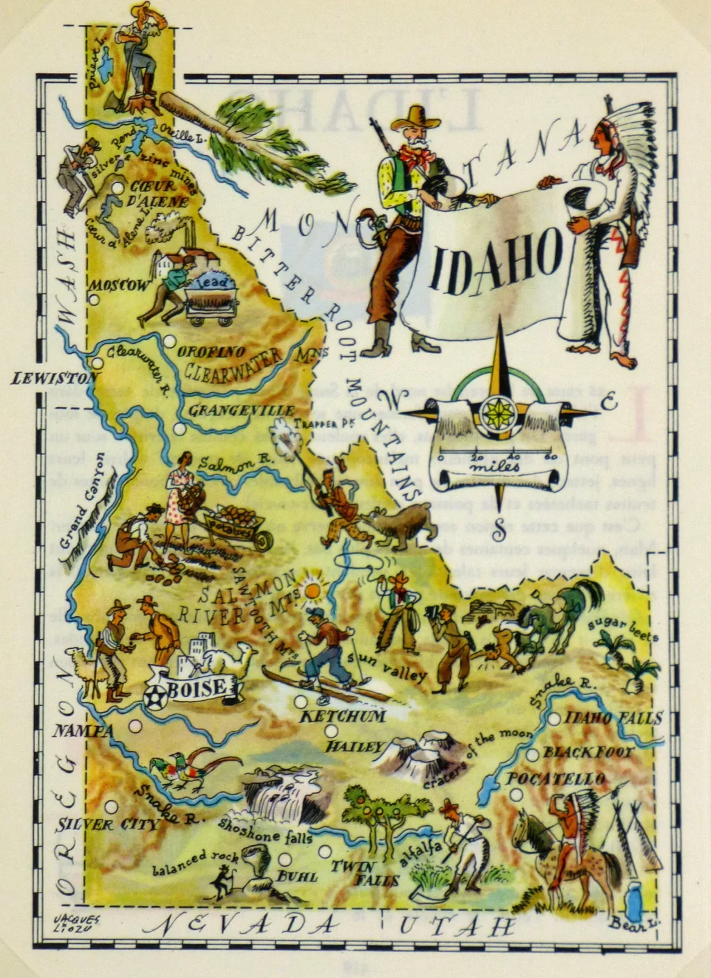 Mapa tur&iacute;stico pict&oacute;rico de Idaho de los a&ntilde;os 1940.