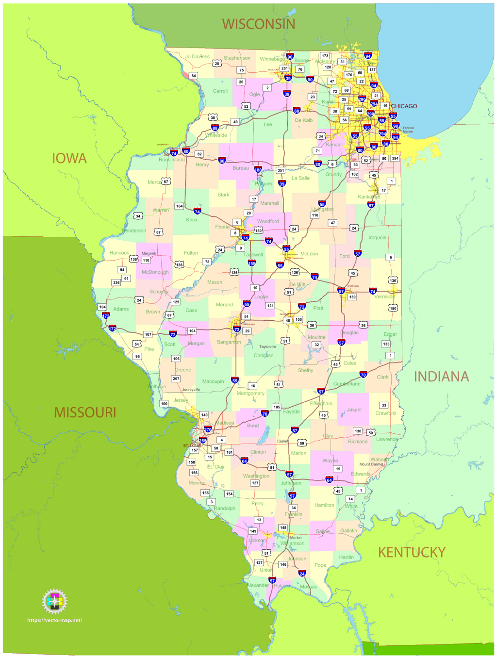 Mapa pol&iacute;tico del estado de Illinois.