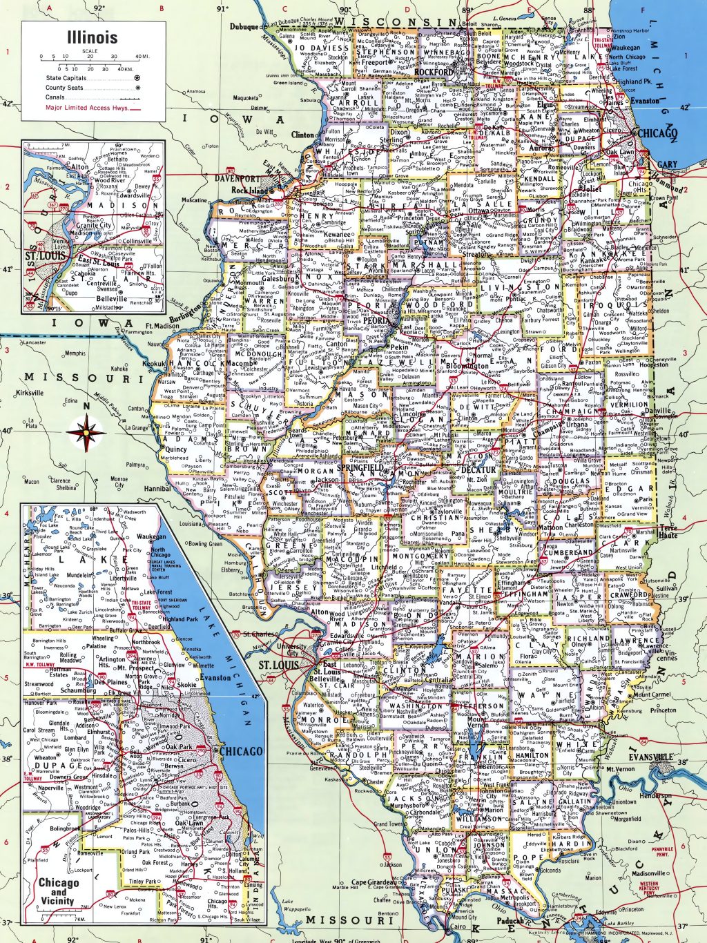 Mapa de las ciudades y pueblos de Illinois.