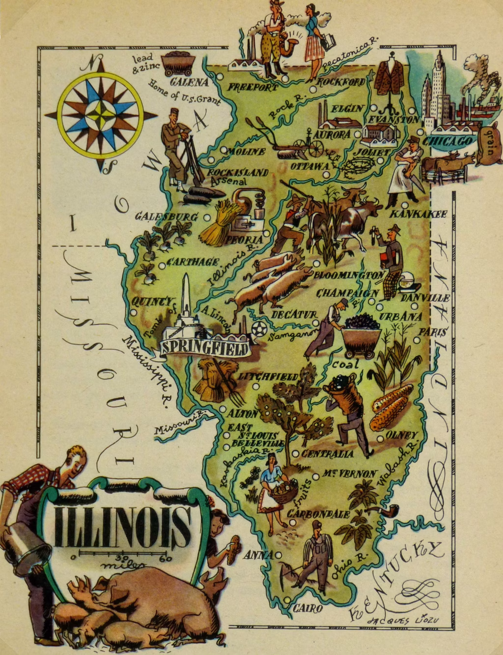 Mapa tur&iacute;stico pict&oacute;rico de Illinois de los a&ntilde;os 1940.