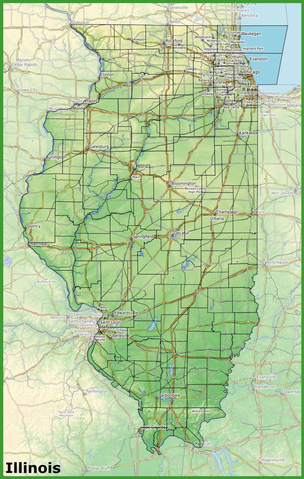 Mapa f&iacute;sico del estado de Illinois.