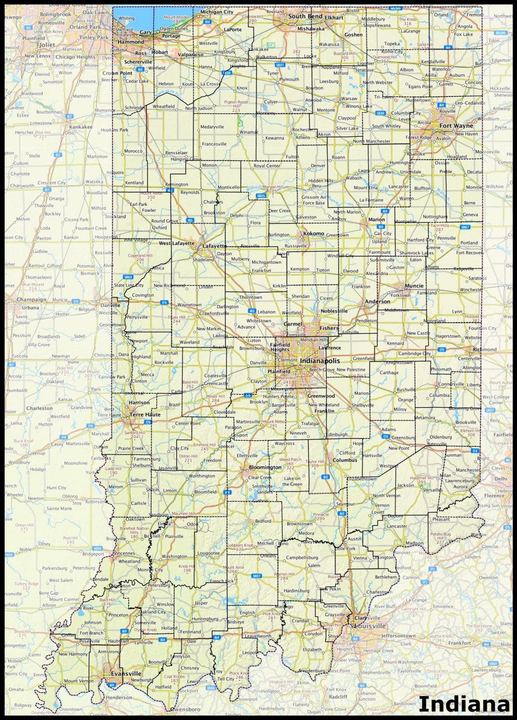 Mapa del estado de Indiana.