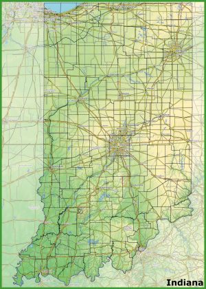 Mapa f&iacute;sico del estado de Indiana