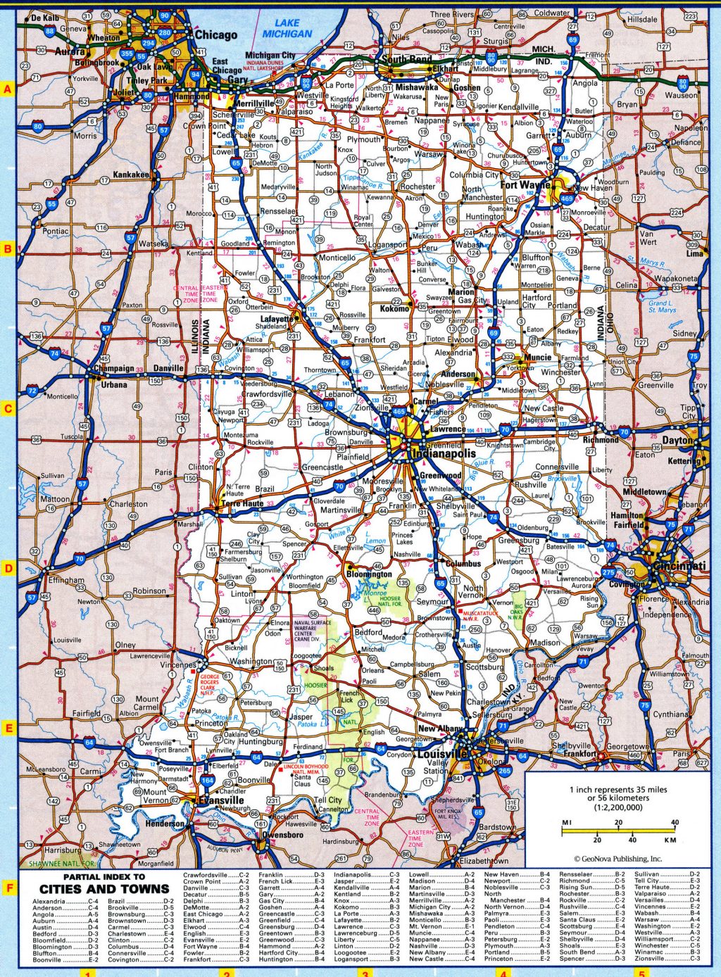 Mapa de carreteras del estado de Indiana.
