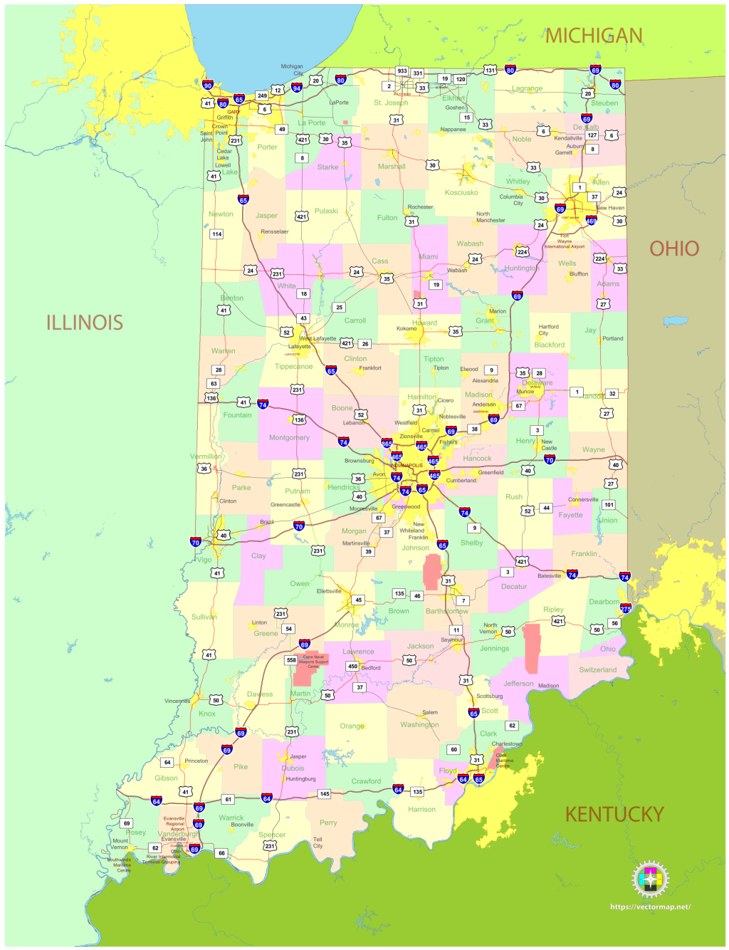 Mapa pol&iacute;tico del estado de Indiana.