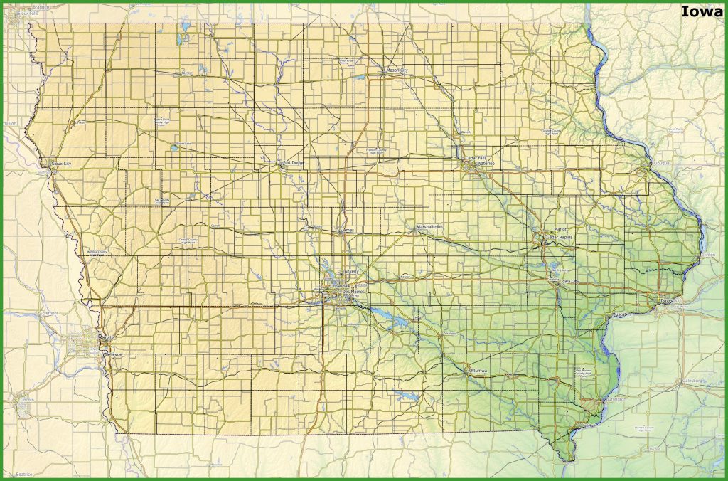 Mapa f&iacute;sico del estado de Iowa.