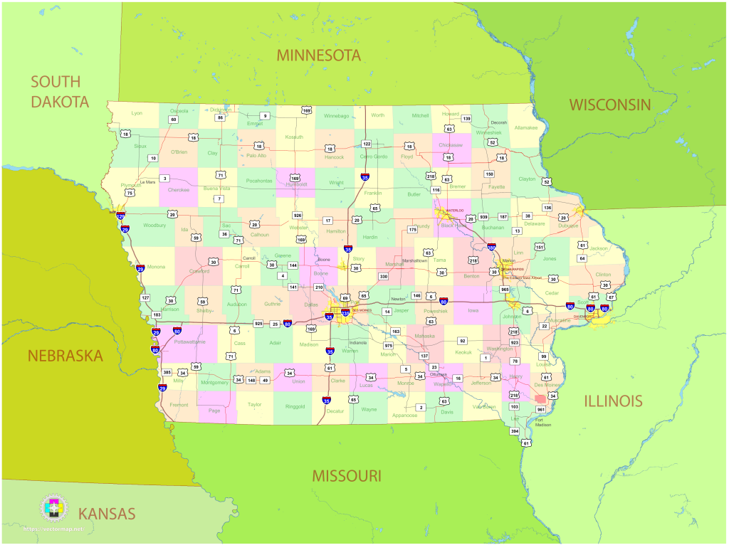 Mapa pol&iacute;tico del estado de Iowa.