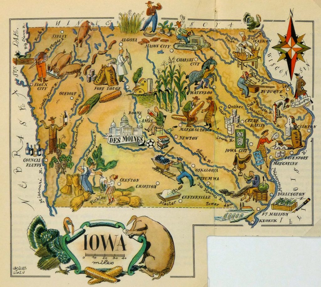 Mapa tur&iacute;stico pict&oacute;rico de Iowa de los a&ntilde;os 1940.
