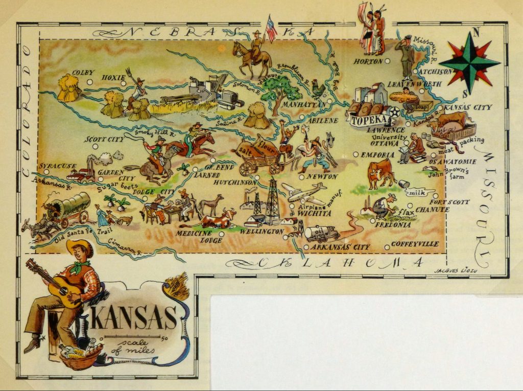 Mapa tur&iacute;stico pict&oacute;rico de Kansas de los a&ntilde;os 1940.