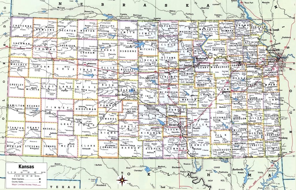 Mapa de las ciudades y pueblos de Kansas.
