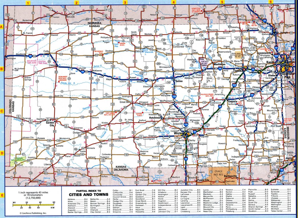 Mapa de carreteras del estado de Kansas.