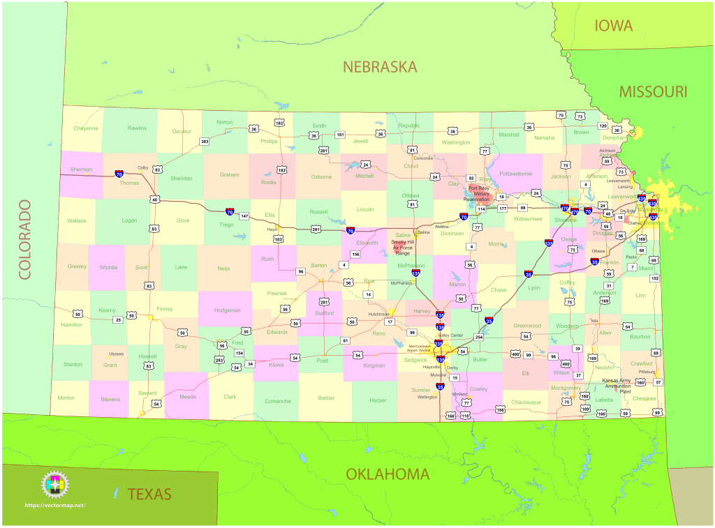 Mapa pol&iacute;tico del estado de Kansas.