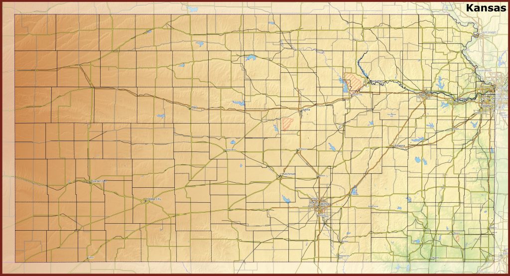 Mapa f&iacute;sico del estado de Kansas.