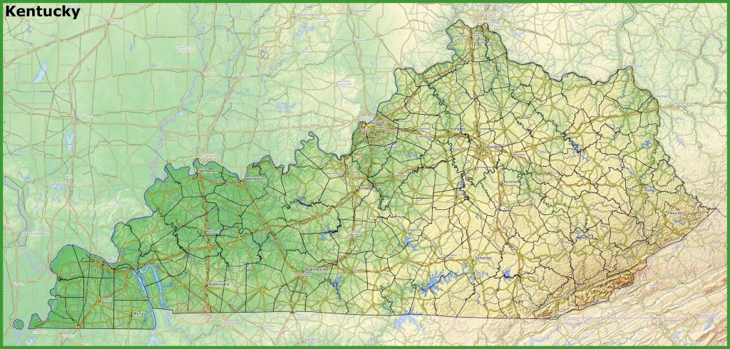 Mapa f&iacute;sico del estado de Kentucky.
