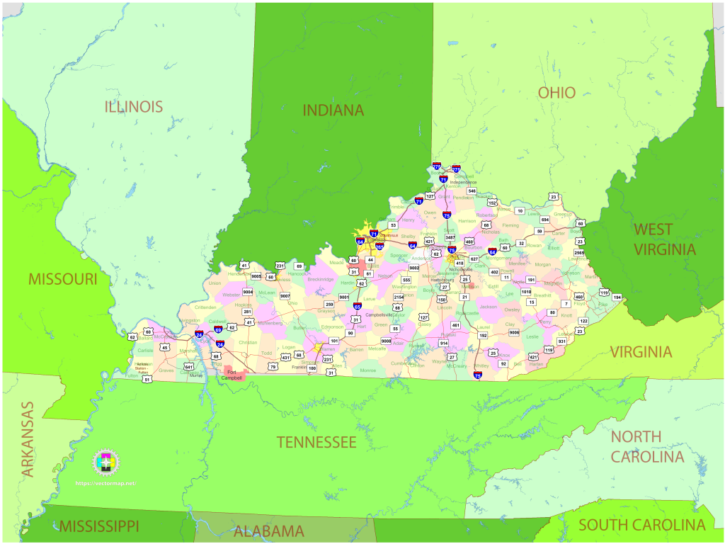 Mapa pol&iacute;tico del estado de Kentucky.