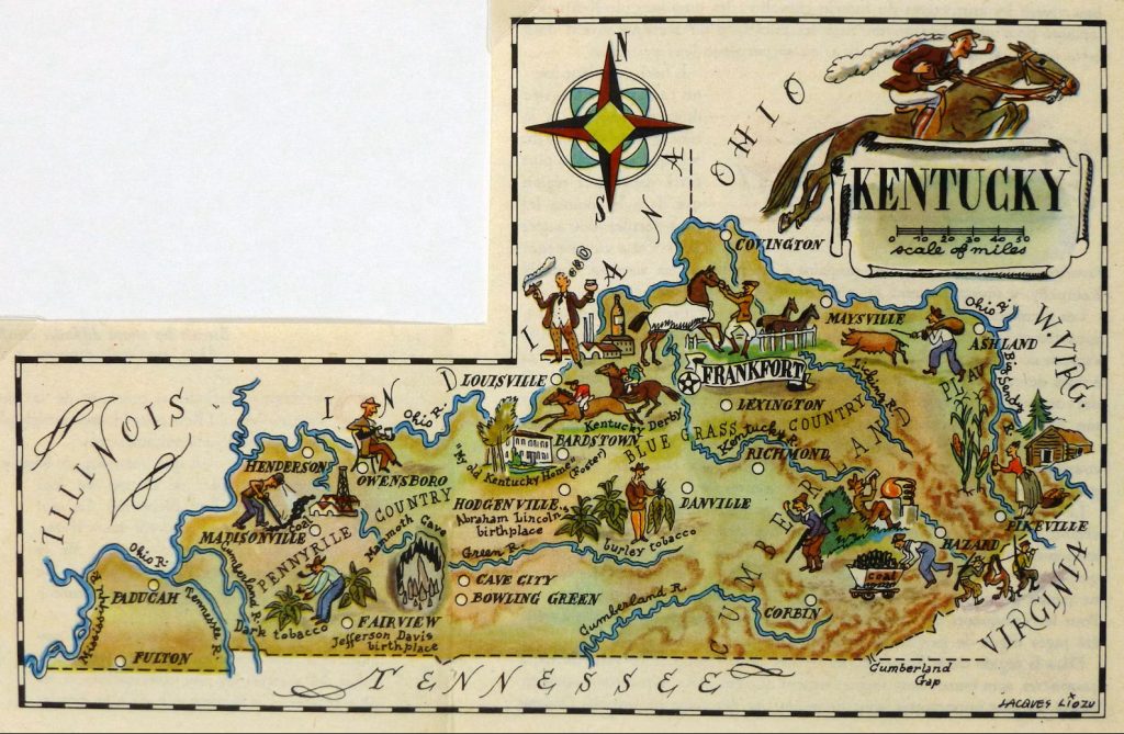 Mapa tur&iacute;stico pict&oacute;rico de Kentucky de los a&ntilde;os 1940.