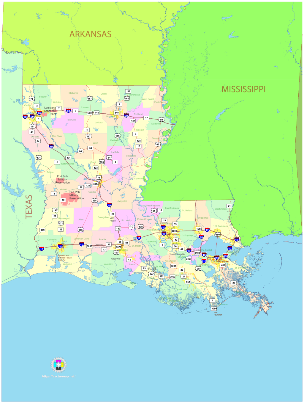 Mapa pol&iacute;tico del estado de Luisiana.