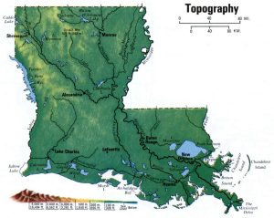 Mapa topogr&aacute;fico del estado de Luisiana.