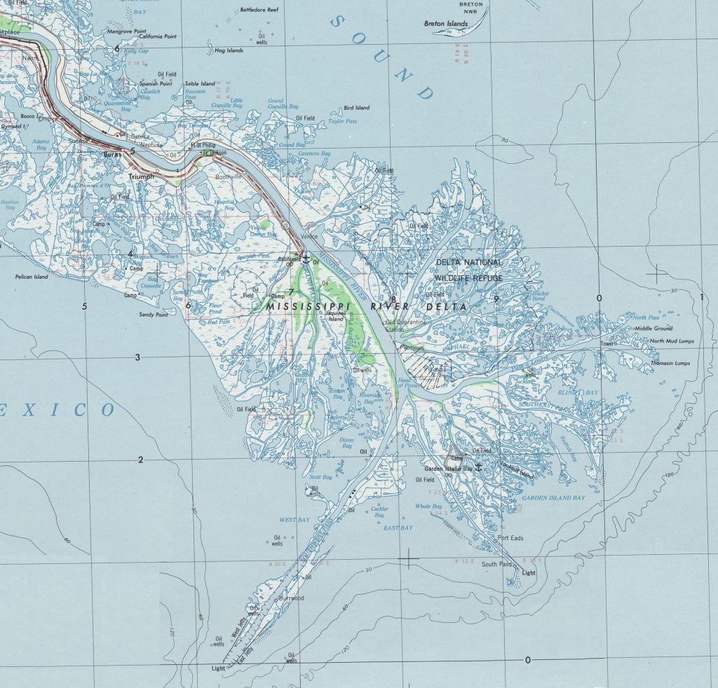 Mapa del delta del r&iacute;o Misisipi de 1973.