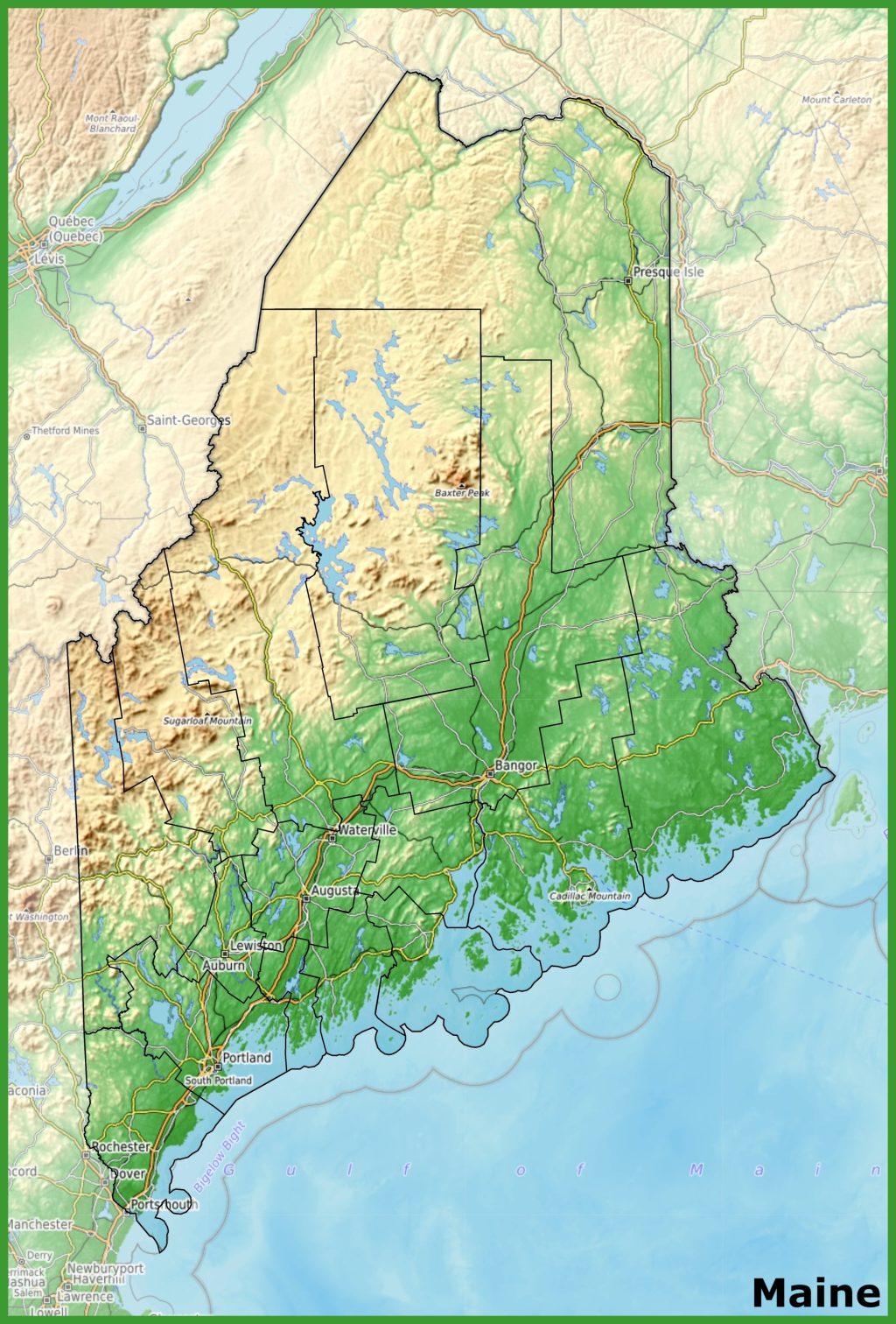 Mapa f&iacute;sico del estado de Maine.
