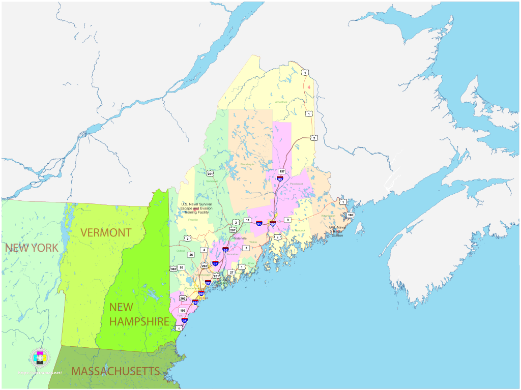Mapa pol&iacute;tico del estado de Maine.