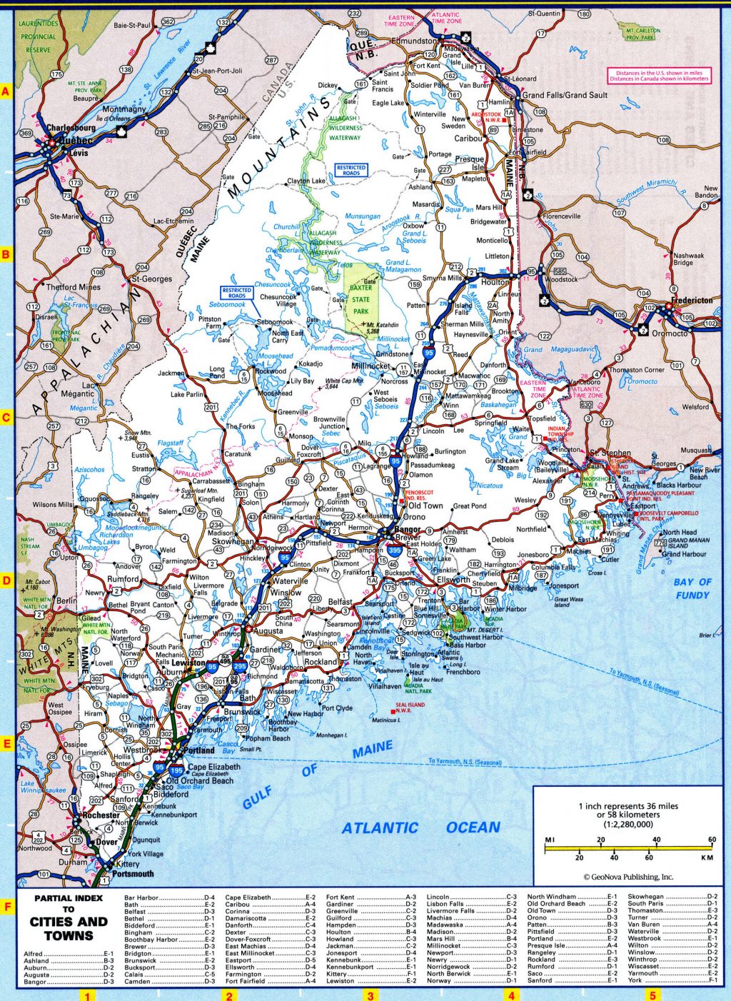 Mapa de carreteras del estado de Maine.