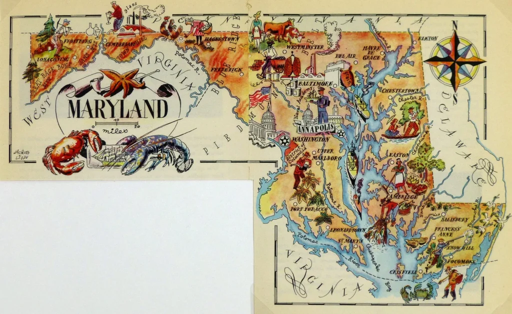 Mapa tur&iacute;stico pict&oacute;rico de Maryland de los a&ntilde;os 1940.