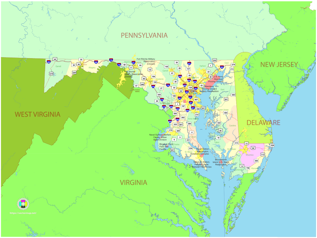 Mapa pol&iacute;tico del estado de Maryland.