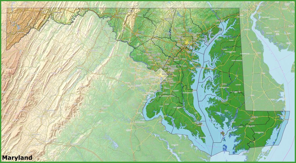Mapa f&iacute;sico del estado de Maryland.