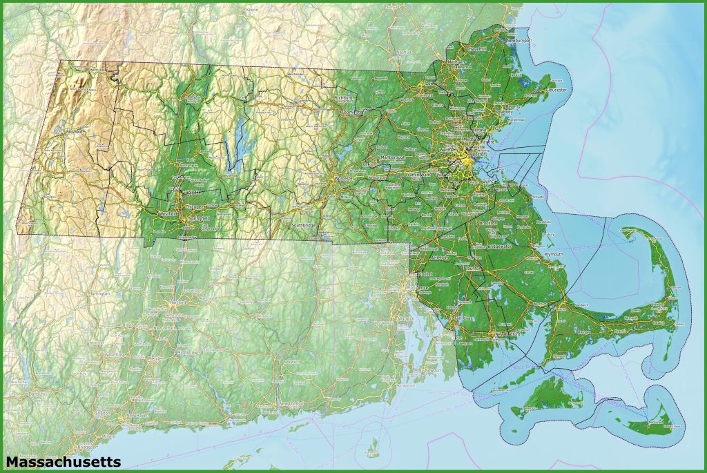Mapa f&iacute;sico del estado de Massachusetts.