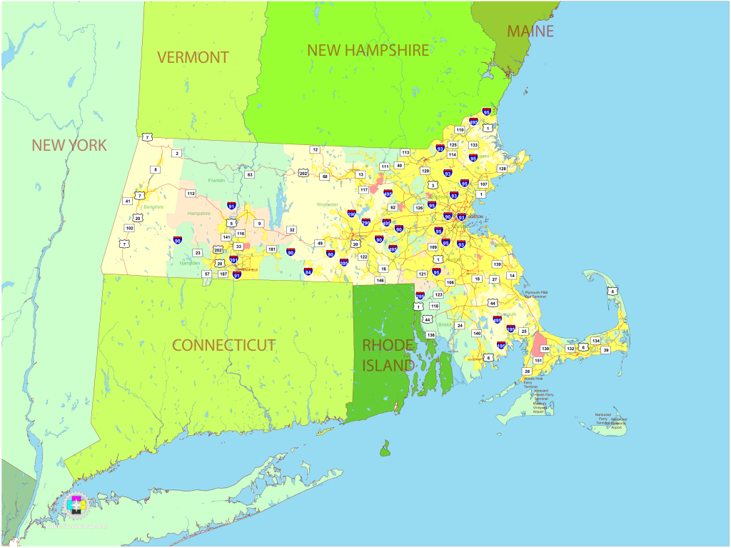 Mapa pol&iacute;tico del estado de Massachusetts.