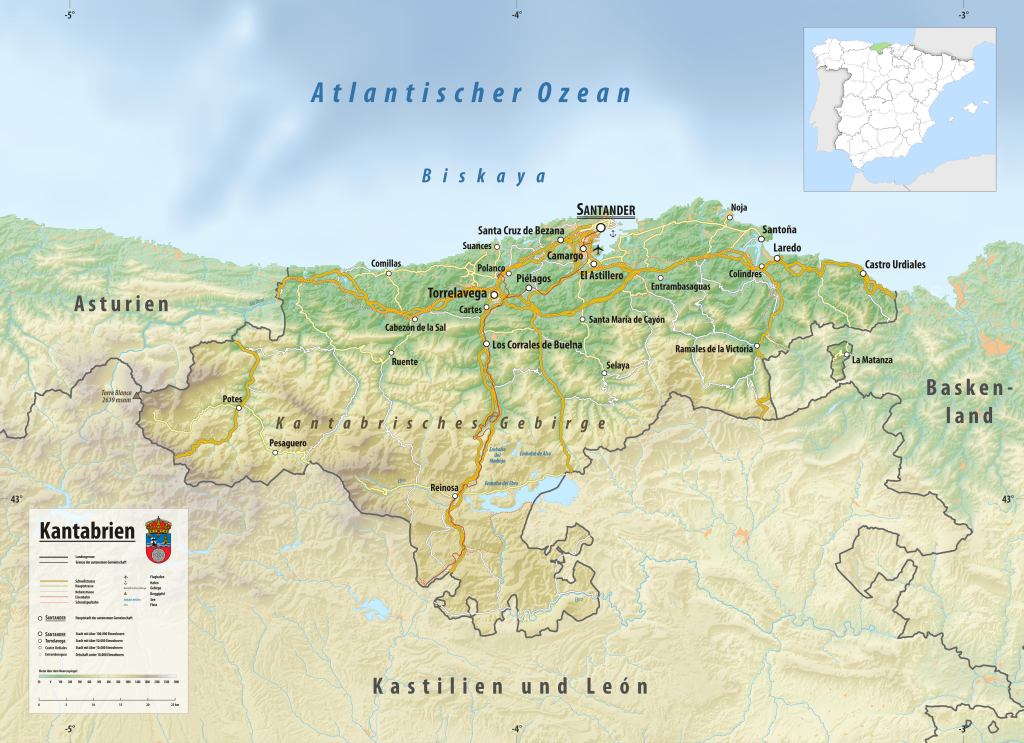 Mapa físico de Cantabria.